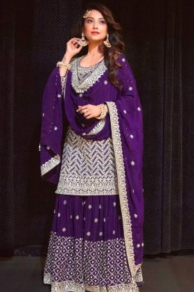 Wedding Special Purple Faux Georgette Sequence Work Sharara Suit