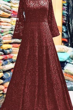 Wedding Wear Blood Red Stone Hand Embroidery Work Anarkali Gown