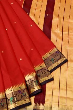 Wedding Wear Red Cotton Silk Weaving Work Saree
