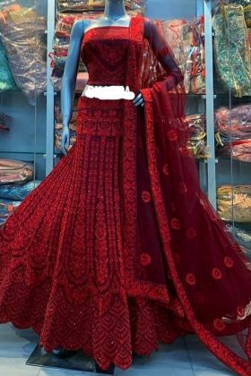 Wedding Wear Red Soft Butterfly Net Embroidered Lehenga Choli