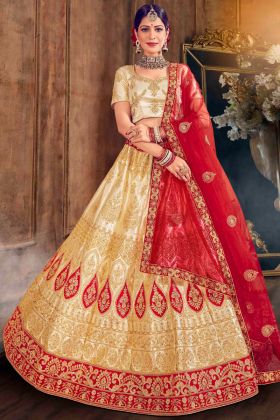 Wedding Wear Satin Silk Gold Color Lehenga Choli
