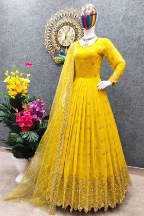Wedding Wear Yellow Sequence Work Readymade Gown