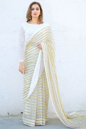 White And Golden Sequence Work Striped Saree