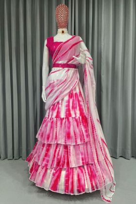 White And Pink Digital Print Saree Style Lehenga With Belt