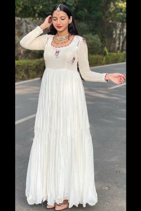 White Embroidery Work Anarkali Gown