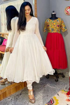 White Embroidery Work Anarkali Gown With Arka Work Border