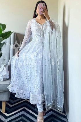 White Embroidery Work Faux Georgette Anarkali Style Gown