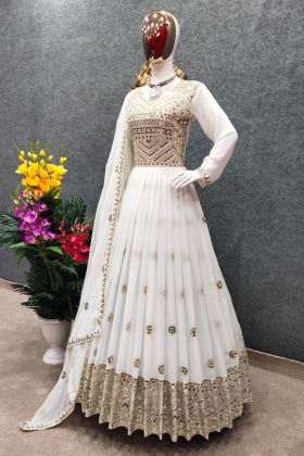 White Embroidery Work Faux Georgette Readymade Anarkali Gown