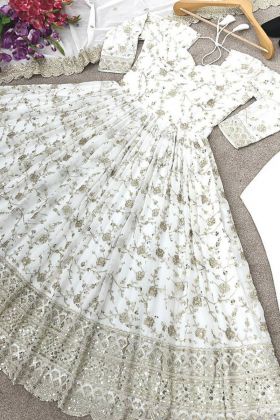 White Embroidery Work Faux Georgette Readymade Gown