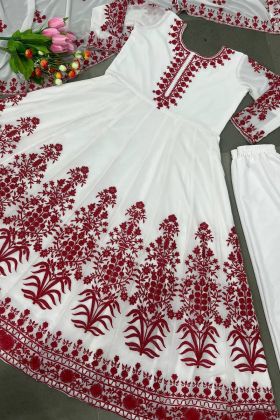 White Embroidery Work Long Anarkali Style Gown