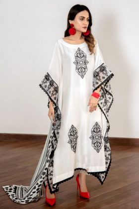White Embroidery Work Pure Georgette Kaftan Style Dress