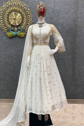 White Embroidery Work Readymade Gown