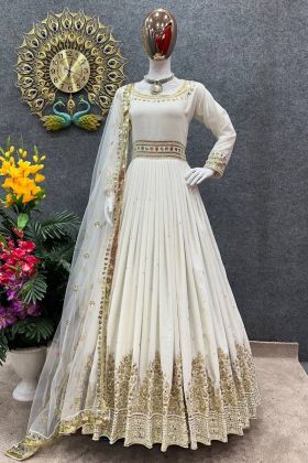 White Embroidery Work Readymade Long Gown