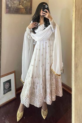White Faux Georgette Embroidery Work Anarkali Gown
