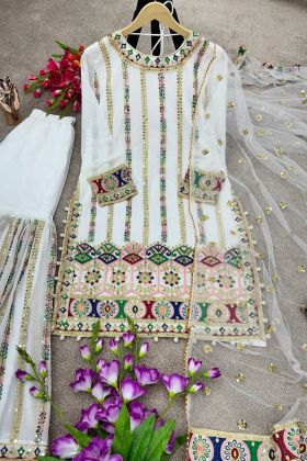 White Faux Georgette Embroidery Work Sharara Dress