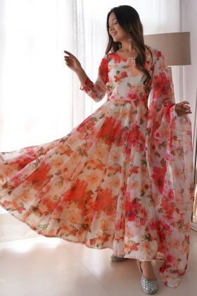 White Faux Georgette Flower Printed Anarkali Gown