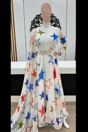 White Faux Georgette Star Printed Long Gown