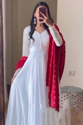 White Faux Georgette V Neck Anarkali Style Gown