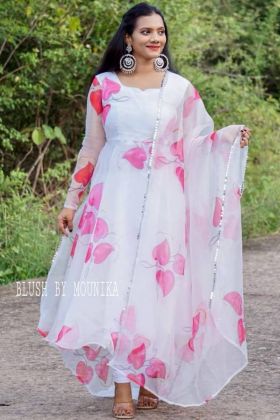 White Flower Printed Faux Georgette Anarkali Gown