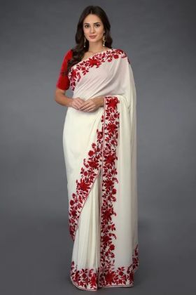 White Georgette Flower Jal Embroidery Work Saree