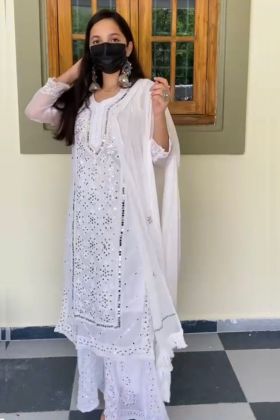White Georgette Real Mirror Work Straight Salwar Suit