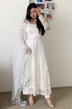 White Multi Thread Embroidery Work Heavy Net Gown