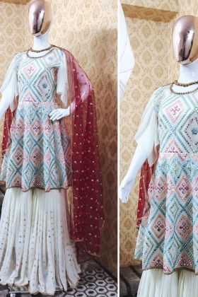 White Paper Embroidery Work Sharara Salwar Suit