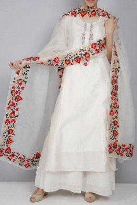 White Plain Salwar Suit With Chain Stitch Embroidery Work Dupatta