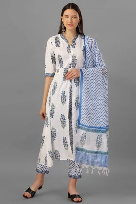 White Printed Heavy Cotton Readymade Suit