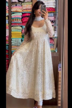 White Sequence Embroidery Work Long Anarkali Readymade Gown