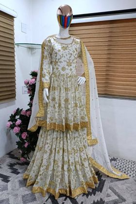 White Sequence Embroidery Work Sharara Dress
