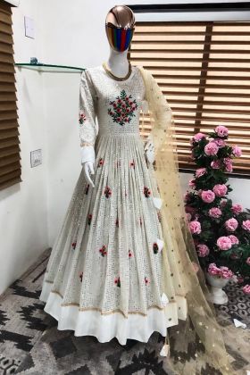 White Sequence Work Anarkali Style Gown