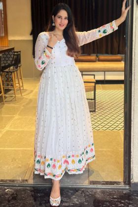 White Sequence Work Anarkali Style Long Gown