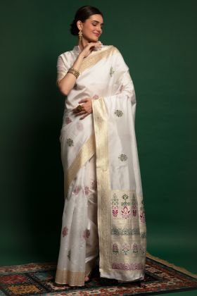 White Silk Zari Weaving Work Saree