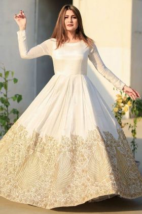 White Stone Hand Embroidery Work Pure Cotton Anarkali Gown