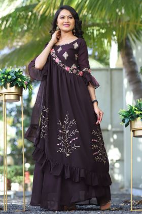 Wine Thread Embroidery Work Anarkali Gown With Shrug