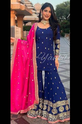 Yankita Kapoor Style Blue Embroidery Work Sharara Suit