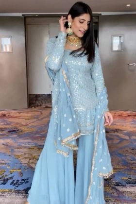 Yankita Kapoor Style Light Blue Sequence Work Palazzo Suit