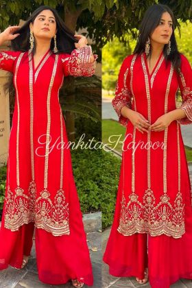 Yankita Kapoor Style Red Palazzo Straight Salwar Suit