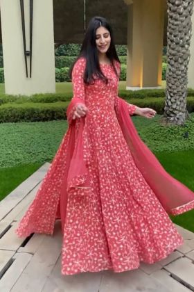 Yankita Kapoor Wear Brick Pink Embroidery Work Anarkali Style Suit