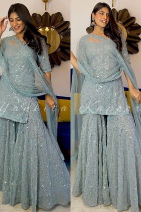 Yankita Kapoor Wear Light Blue Embroidery Work Sharara Suit