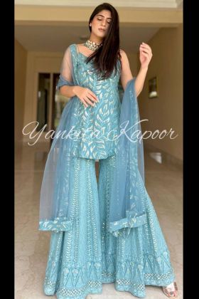 Yankita Kapoor Wear Sky Blue Sequence Embroidery Work Sharara Suit