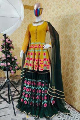 Yellow And Green Embroidery Work Sharara Salwar Suit