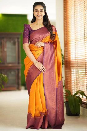 Yellow Banarasi Soft Silk Jacquard Work Saree
