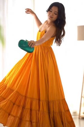 Yellow Chinon Silk Sleeveless Anarkali Gown