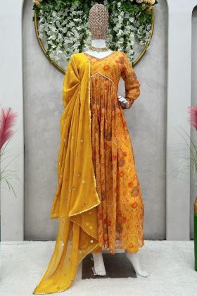 Yellow Digital Printed Faux Georgette Gown