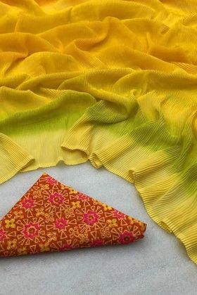 Yellow Digital Printed Heavy Georgette Shaded Crush Saree