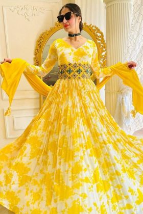 Yellow Digital Printed Readymade Anarkali Style Gown
