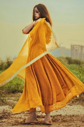Yellow Embroidery Butti Work Long Anarkali Style Gown