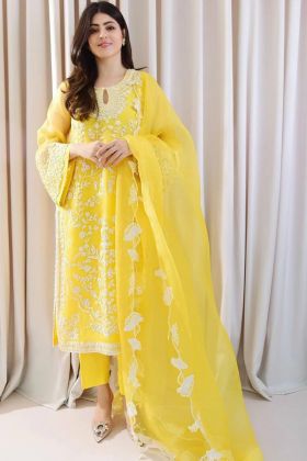 Yellow Embroidery Work Bell Sleeves Kurti With Pant